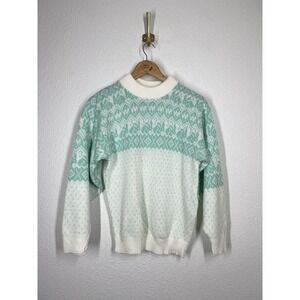 Vintage Ski Bunny Knit Sweater Small S Pinwheels Mint White Acrylic Fair Isle